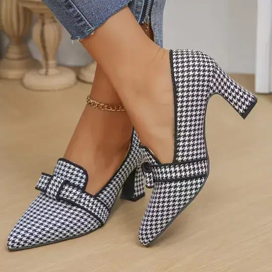 Women's Elegant And Versatile Checkered Pattern Chunky Heels Shoes