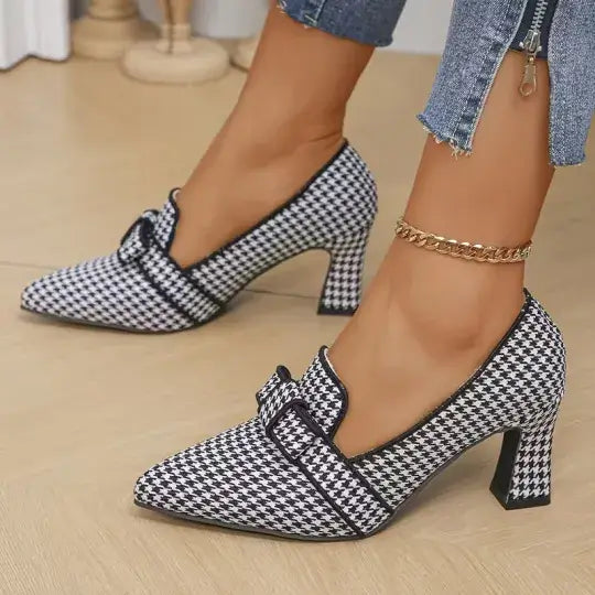 Women's Elegant And Versatile Checkered Pattern Chunky Heels Shoes