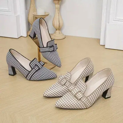 Women's Elegant And Versatile Checkered Pattern Chunky Heels Shoes